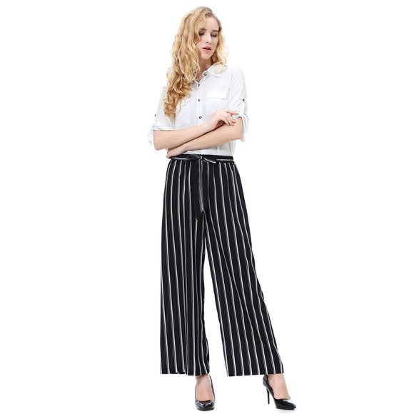 Striped Loose Wide Leg Trousers High Waist Tie Bow - Picture 8 of 8